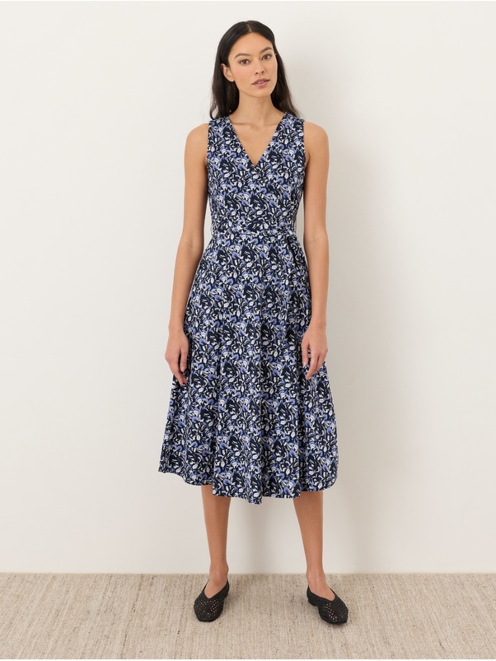 Pact Organic Fit & Flare Easy V-neck Midi Dress Paradise Petals Navy Blue